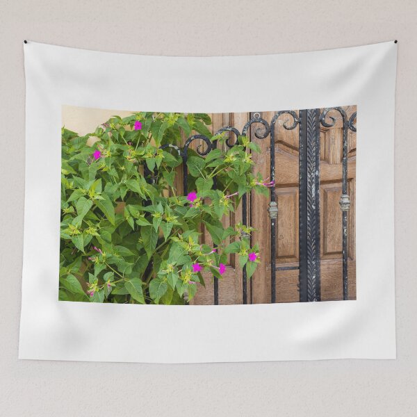 Item preview, Pink Garden Flowers Climbing Wrought Iron Gate Beside Rustic Wooden Door Entrance designed and sold by Nmallia.