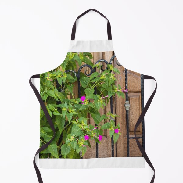 Item preview, Pink Garden Flowers Climbing Wrought Iron Gate Beside Rustic Wooden Door Entrance designed and sold by Nmallia.