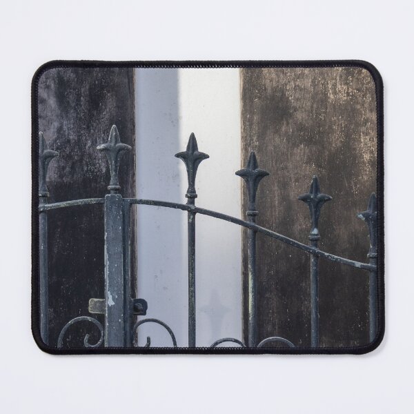 Item preview, Vintage Iron Gate With Ornate Fleur-De-Lis Finials in Front of Weathered Wooden Doors designed and sold by Nmallia.