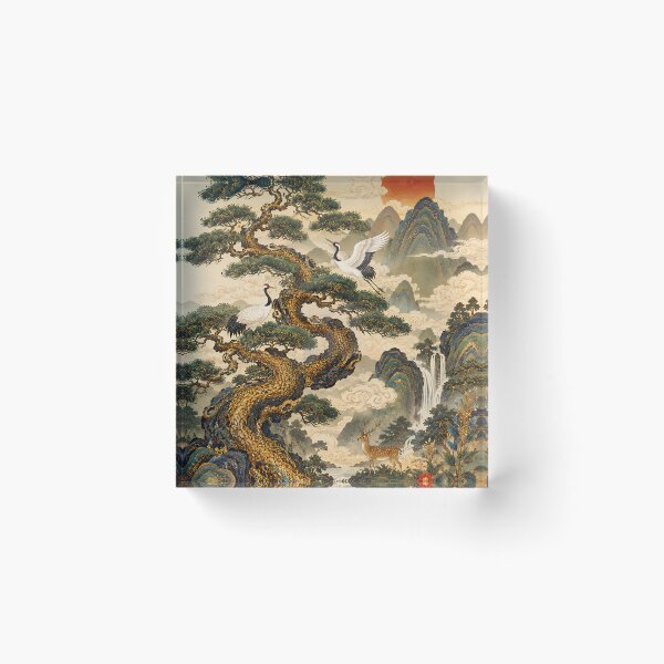 Item preview, Chinese Style Longevity Pine & Crane Art | Traditional East Asian Shou Symbol Painting designed and sold by K-Tradition.
