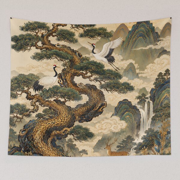 Item preview, Chinese Style Longevity Pine & Crane Art | Traditional East Asian Shou Symbol Painting designed and sold by K-Tradition.