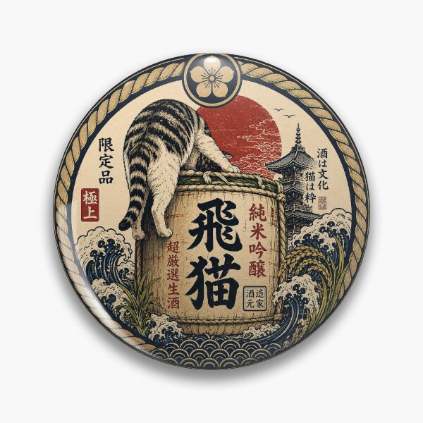 Item preview, Hi-Neko on the Barrel – Tabby Cat & Sake Barrel Japanese Badge Art | Ukiyo-e Rising Sun Cat Print | TSUKIYO-NEKO designed and sold by Aguri-tei.