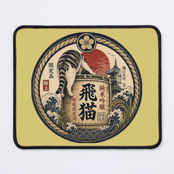 Item preview, Hi-Neko on the Barrel – Tabby Cat & Sake Barrel Japanese Badge Art | Ukiyo-e Rising Sun Cat Print | TSUKIYO-NEKO designed and sold by Aguri-tei.