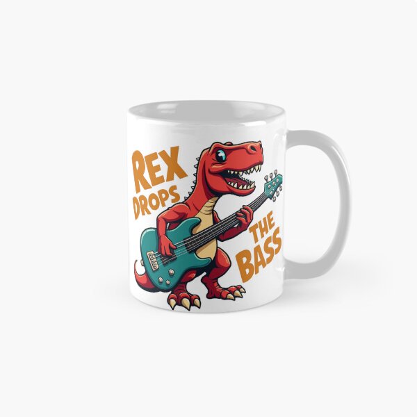 Artikelvorschau, Roter Tyrannosaurus Rex spielt Bassgitarre Rex Drops The Bass entworfen und verkauft von Prints by Mat.