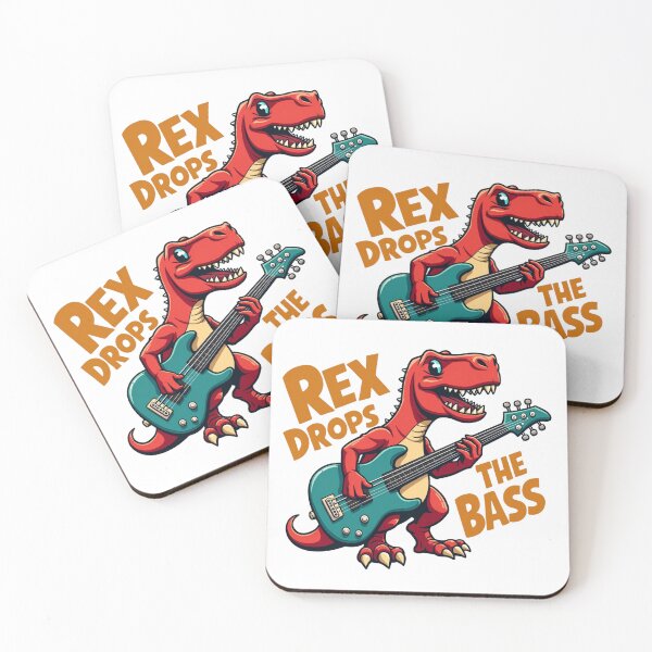 Artikelvorschau, Roter Tyrannosaurus Rex spielt Bassgitarre Rex Drops The Bass entworfen und verkauft von Prints by Mat.