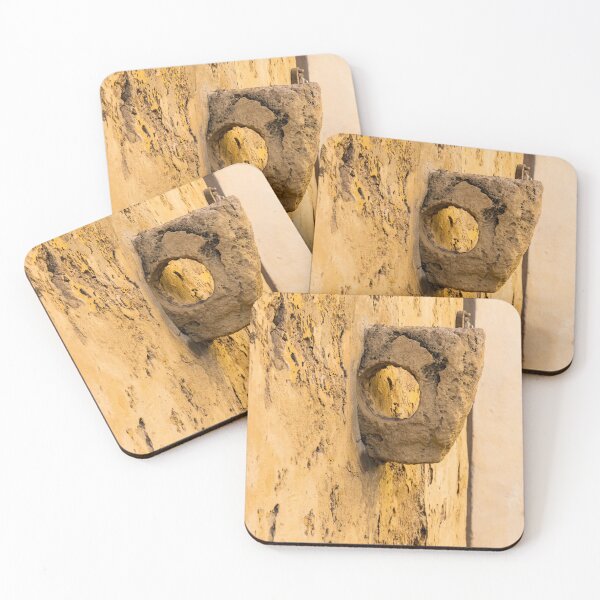 Item preview, Weathered Stone Wall With Circular Hole Detail On Ancient Yellow Plastered Architectural Facade designed and sold by Nmallia.