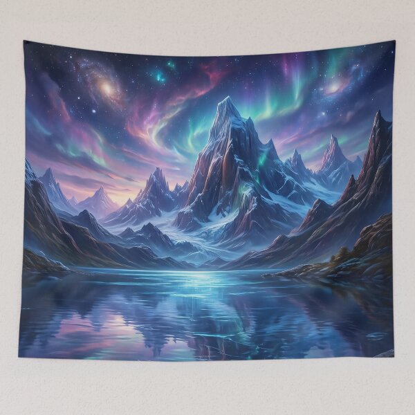 Item preview, Cosmic Aurora Mountains: Vibrant Galaxy Lake Landscape designed and sold by MoonwoodStudio.