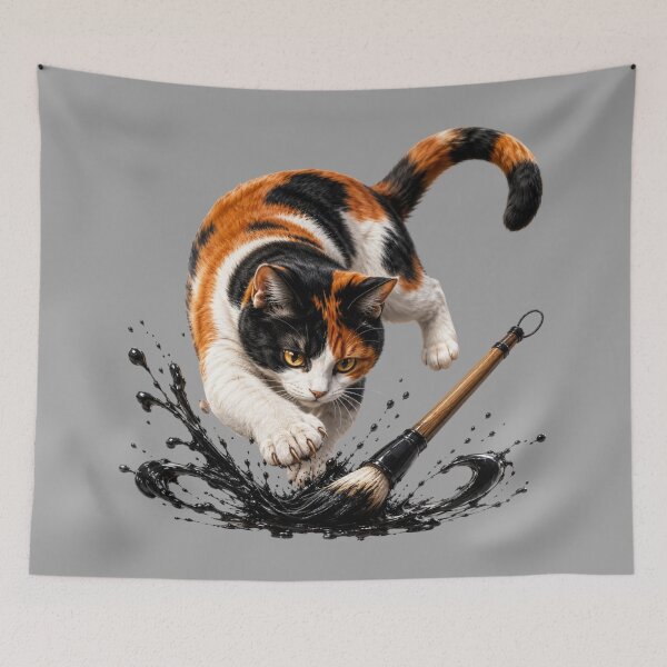 Item preview, Japanese Ukiyo-e Calico Cat with Ink Brush designed and sold by MarVan-Prints.