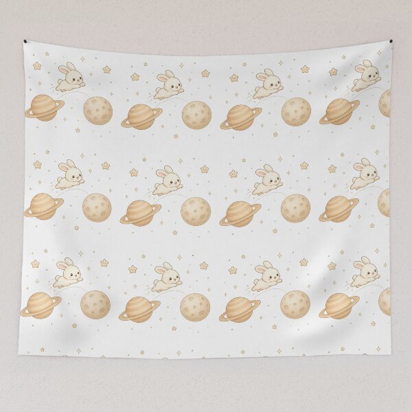 Item preview, Cozy Kawaii Space Bunny Jumping Planets Illustration designed and sold by Seculinator.