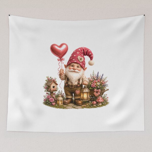 Item preview, Cute Valentine Gnome with Heart Balloon & Floral Garden Fantasy Illustration designed and sold by Celebrate & Sparkle.