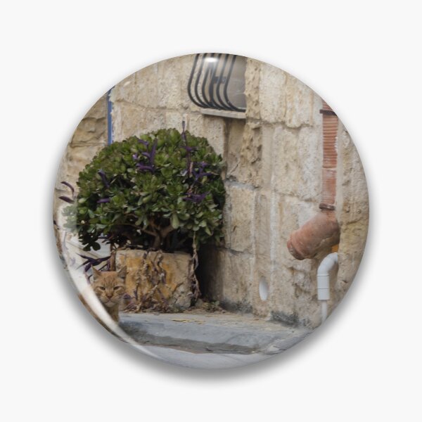 Item preview, Ginger Cat Sitting on Quiet Stone Street Beside Rustic Old Town Building and Potted Plant designed and sold by Nmallia.