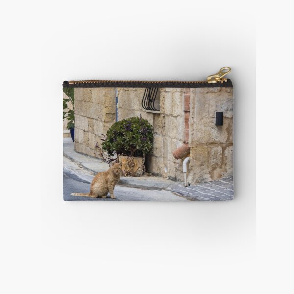 Item preview, Ginger Cat Sitting on Quiet Stone Street Beside Rustic Old Town Building and Potted Plant designed and sold by Nmallia.