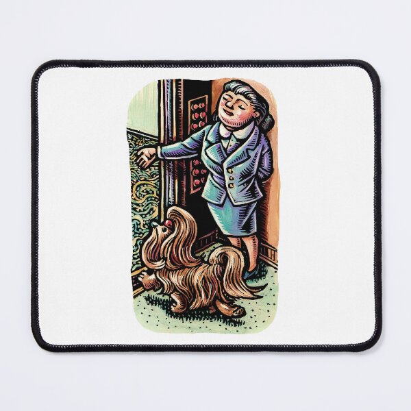 Item preview, elevator operator or attendant opens door to a well groomed pekingese dog designed and sold by LisaHaney.