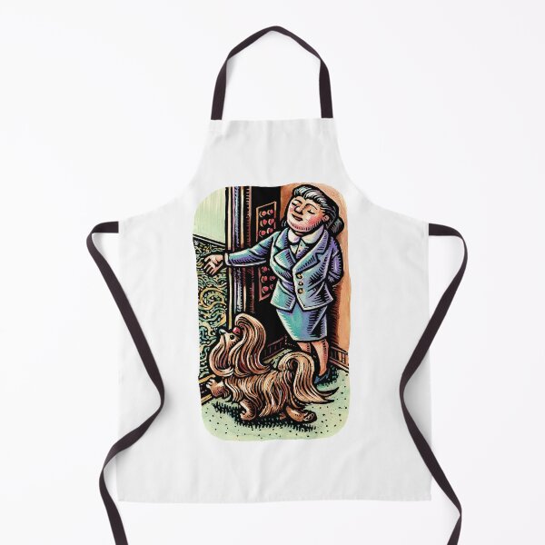 Item preview, elevator operator or attendant opens door to a well groomed pekingese dog designed and sold by LisaHaney.
