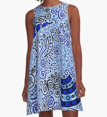 Blue Doodle Pattern A-Line Dress
