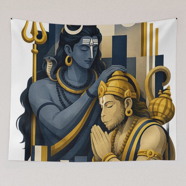 Item preview, Lord Shiva Blessing Hanuman | Art Deco Hindu Devotional Illustration designed and sold by ravuh.