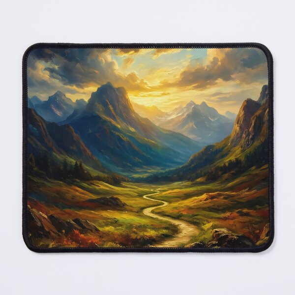 Item preview, Golden Sunset Valley: Majestic Mountain Path Art designed and sold by MoonwoodStudio.