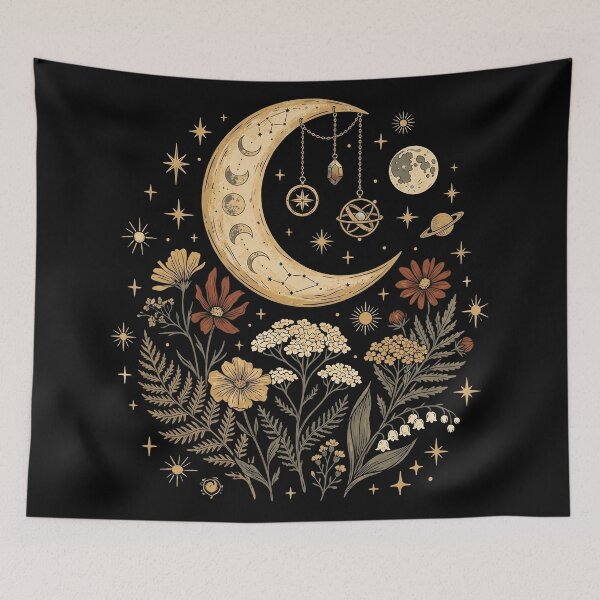 Item preview, Vintage Celestial Moon Phases Wildflowers Hanging Crystals Boho Art designed and sold by rediscoveredapp.