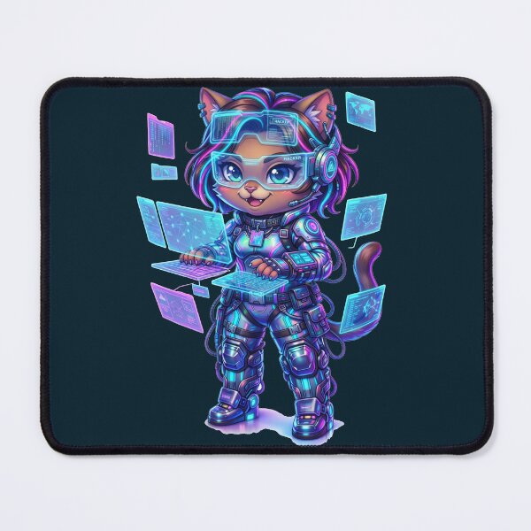 Item preview, Full Body Chibi Cyberpunk Hacker Cat Neon Art designed and sold by ChaEmm_Studio.
