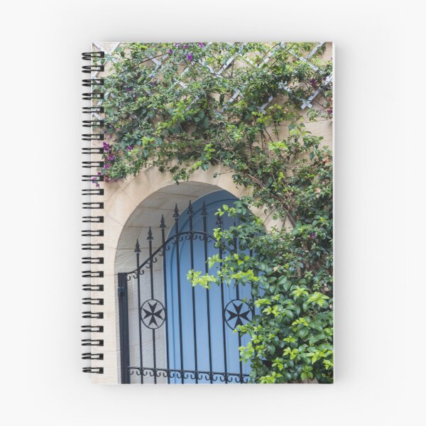 Item preview, Blue Arched Door With Wrought Iron Gate and Climbing Bougainvillea on Stone Wall designed and sold by Nmallia.