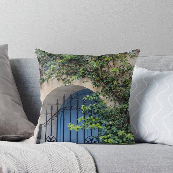 Item preview, Blue Arched Door With Wrought Iron Gate and Climbing Bougainvillea on Stone Wall designed and sold by Nmallia.