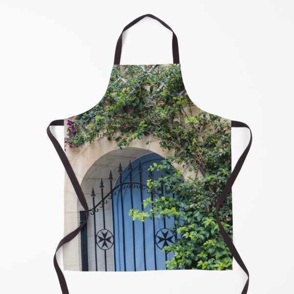 Item preview, Blue Arched Door With Wrought Iron Gate and Climbing Bougainvillea on Stone Wall designed and sold by Nmallia.