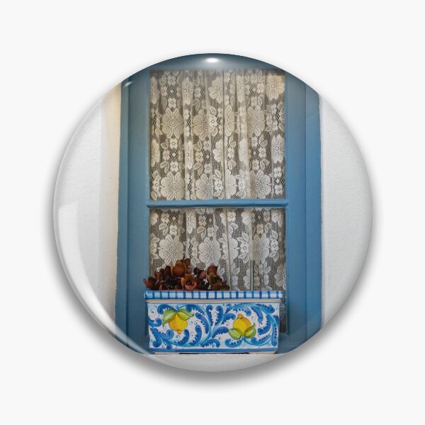 Item preview, Blue Framed Window With Lace Curtains And Decorative Ceramic Flowerpot On White Mediterranean Wall designed and sold by Nmallia.