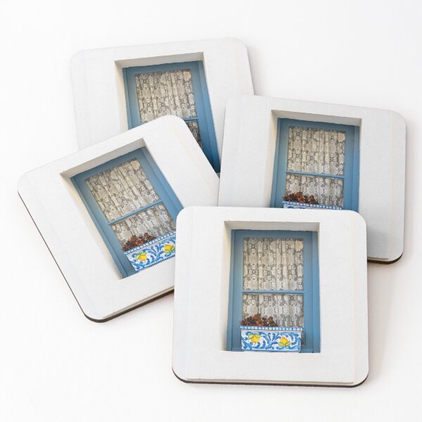 Item preview, Blue Framed Window With Lace Curtains And Decorative Ceramic Flowerpot On White Mediterranean Wall designed and sold by Nmallia.