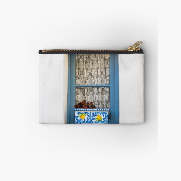 Item preview, Blue Framed Window With Lace Curtains And Decorative Ceramic Flowerpot On White Mediterranean Wall designed and sold by Nmallia.