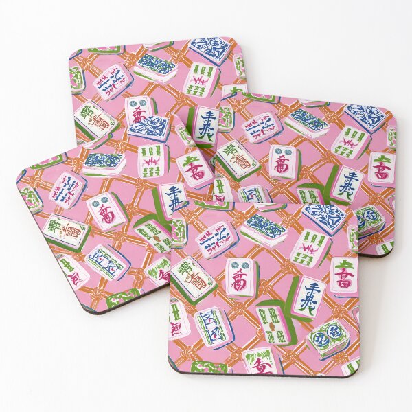 Item preview, Preppy mahjong tiles on pink and orange chinoiserie lattice designed and sold by SophieClimaArt.