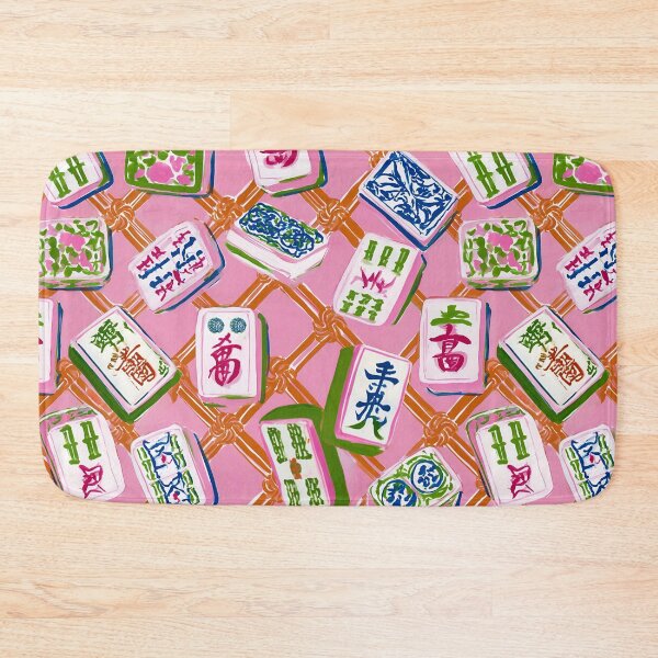 Item preview, Preppy mahjong tiles on pink and orange chinoiserie lattice designed and sold by SophieClimaArt.