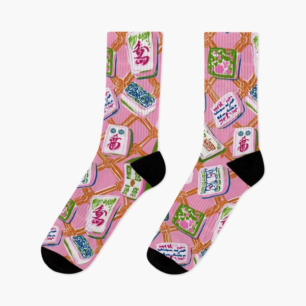 Item preview, Preppy mahjong tiles on pink and orange chinoiserie lattice designed and sold by SophieClimaArt.