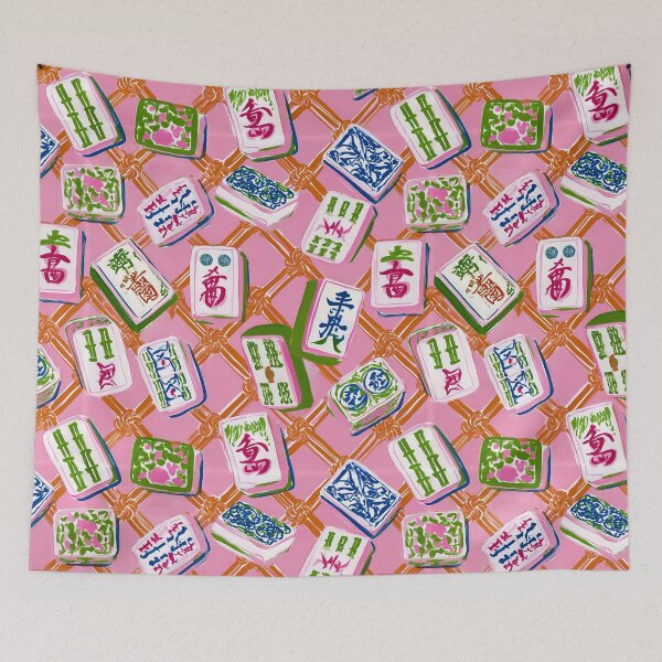 Item preview, Preppy mahjong tiles on pink and orange chinoiserie lattice designed and sold by SophieClimaArt.