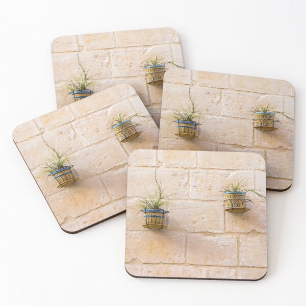 Item preview, Rustic Blue And Yellow Ceramic Wall Planters With Delicate Green Plants On Stone Facade designed and sold by Nmallia.