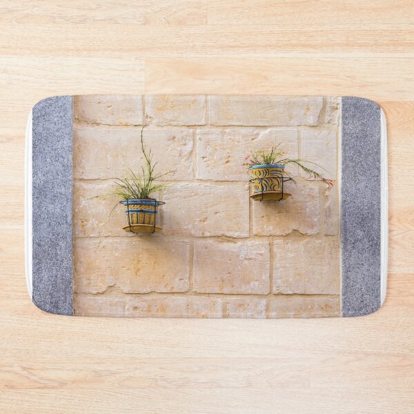 Item preview, Rustic Blue And Yellow Ceramic Wall Planters With Delicate Green Plants On Stone Facade designed and sold by Nmallia.