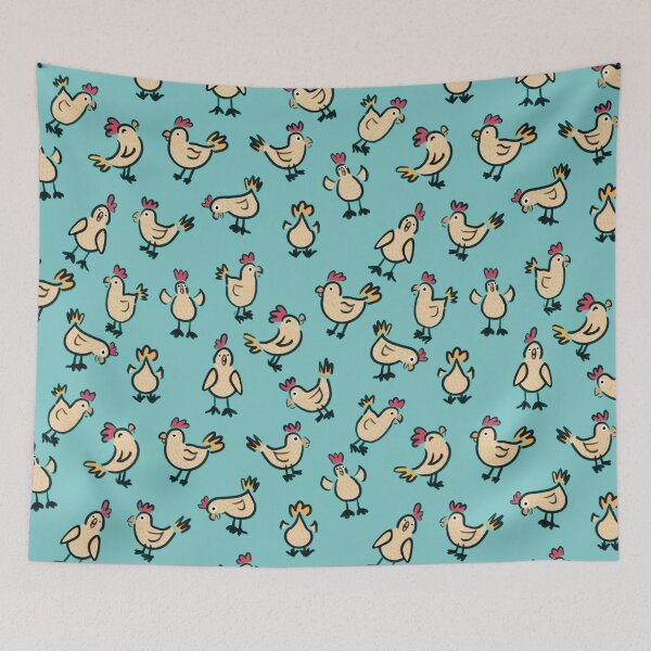 Item preview, Happy Chicken Doodle pattern on turquoise  designed and sold by Catphonesoup.