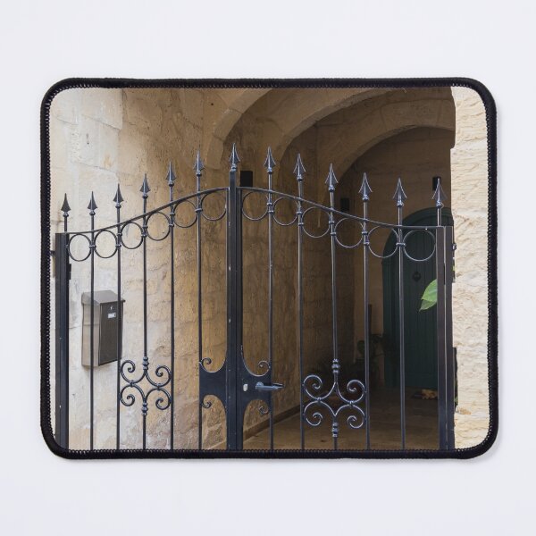 Item preview, Wrought Iron Gate and Stone Arched Entrance to Mediterranean Courtyard With Decorative Scrollwork designed and sold by Nmallia.
