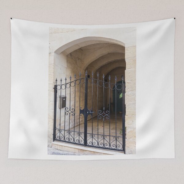 Item preview, Wrought Iron Gate and Stone Arched Entrance to Mediterranean Courtyard With Decorative Scrollwork designed and sold by Nmallia.