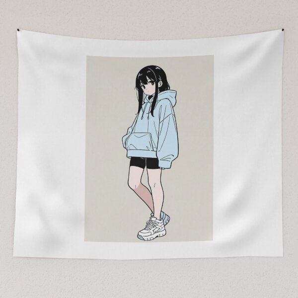 Item preview, Fashion - Woman in Blue Hoodie Bike Shorts Chunky Sneakers designed and sold by AnimeShin.