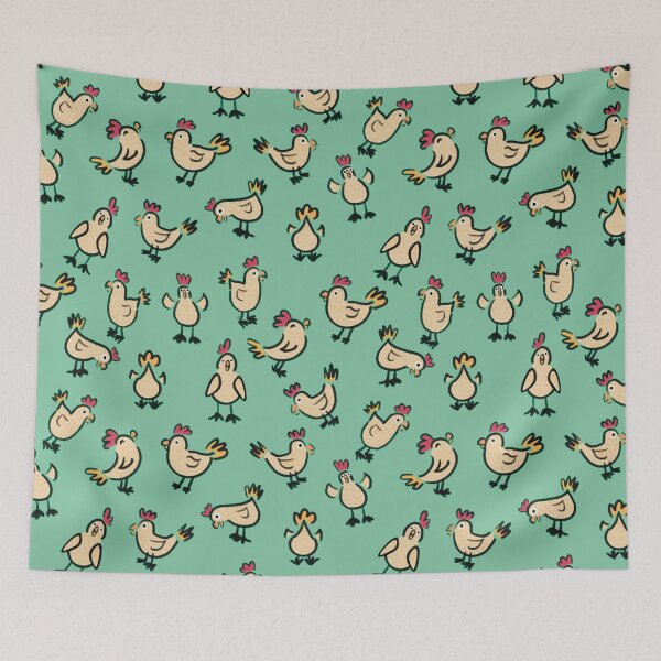 Item preview, Happy Chicken Doodle pattern on green designed and sold by Catphonesoup.