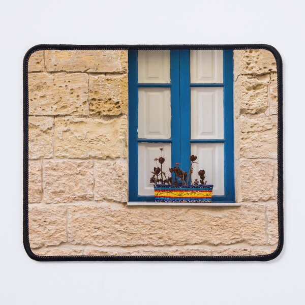 Item preview, Blue Window in Rustic Stone Wall With Colorful Flower Pot on Mediterranean Home designed and sold by Nmallia.
