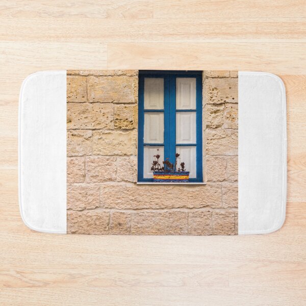 Item preview, Blue Window in Rustic Stone Wall With Colorful Flower Pot on Mediterranean Home designed and sold by Nmallia.