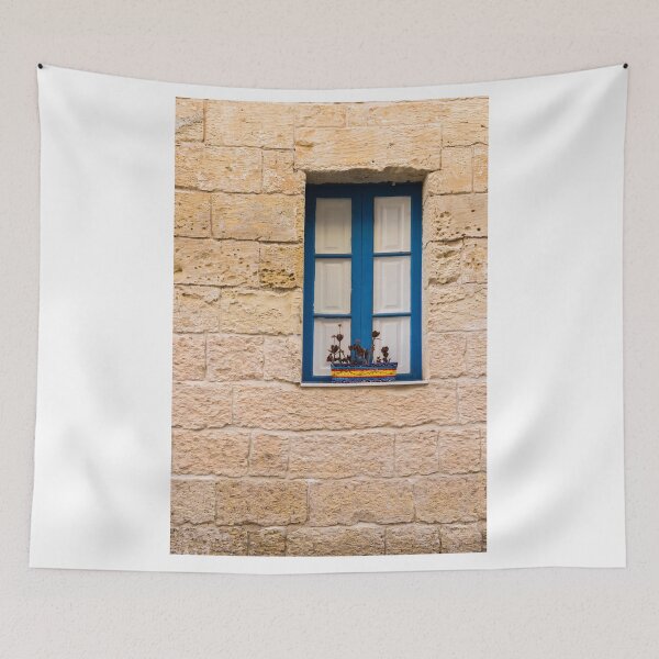 Item preview, Blue Window in Rustic Stone Wall With Colorful Flower Pot on Mediterranean Home designed and sold by Nmallia.