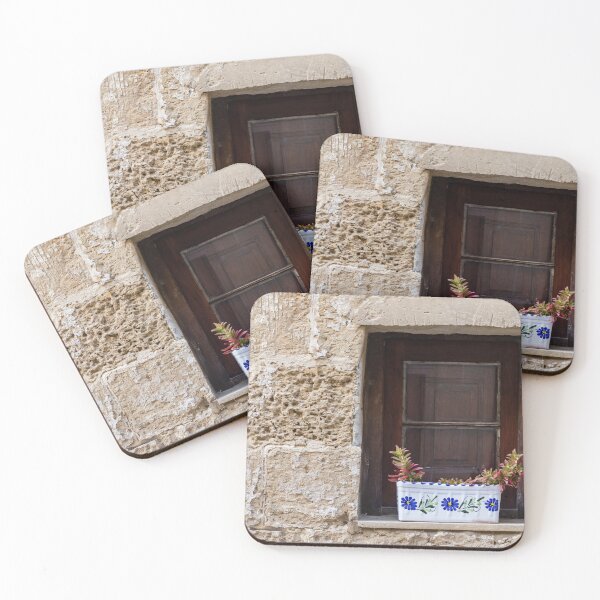 Item preview, Sunlit Stone Building Wooden Window With Colorful Flower Boxes On Mediterranean Facade designed and sold by Nmallia.