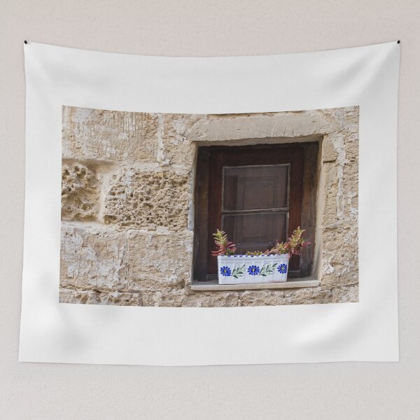 Item preview, Sunlit Stone Building Wooden Window With Colorful Flower Boxes On Mediterranean Facade designed and sold by Nmallia.