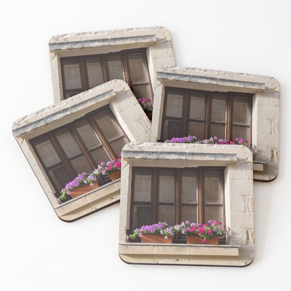 Item preview, Sunlit Stone Building Wooden Window With Colorful Flower Boxes On Mediterranean Facade designed and sold by Nmallia.