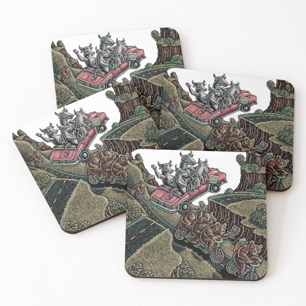 Item preview, convertible filled with bulls jumps over a chasm where bears ride bicycles designed and sold by LisaHaney.