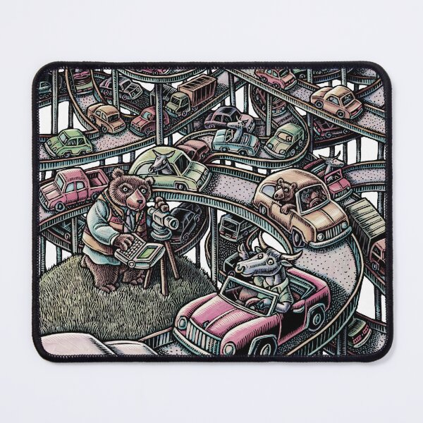 Item preview, bulls and bears driving in cars on winding highways designed and sold by LisaHaney.