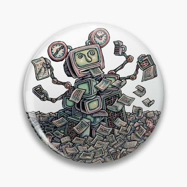 Item preview, fantastic computer AI robot that does office work in a landscape of papers designed and sold by LisaHaney.
