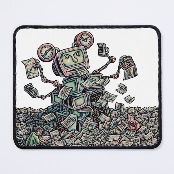 Item preview, fantastic computer AI robot that does office work in a landscape of papers designed and sold by LisaHaney.